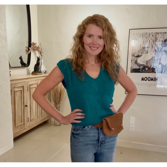 Yarnworks Sweaters - YarnWorks Silk Blend Knit Top Teal Cap Sleeve V-Neck Sweater Size M